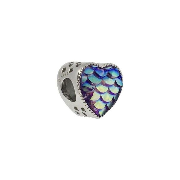 Sterling Silver Charm Heart Bead Iridescent Multicolor Mermaid Fish Scales - Picture 2 of 13